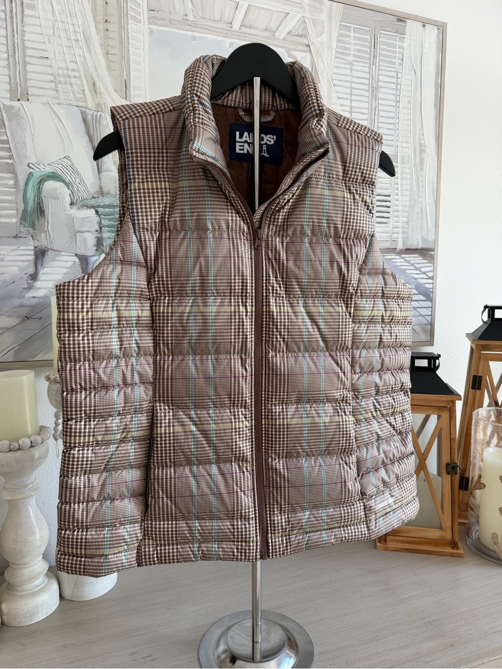 Lands’ End Down Plaid Puffer Vest